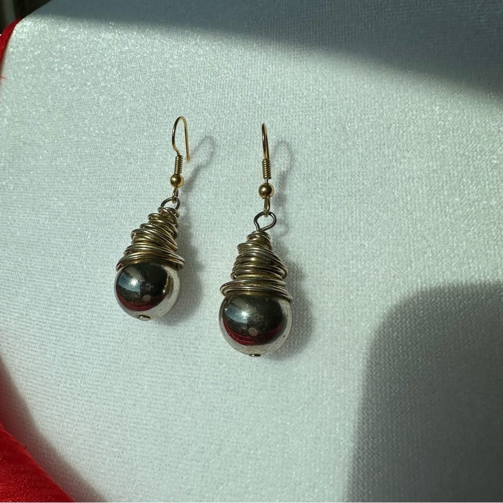 Vtg Silver Gold Tone Spiral Drop Dangle Earrings Hook Modernist Orb Bead 2"